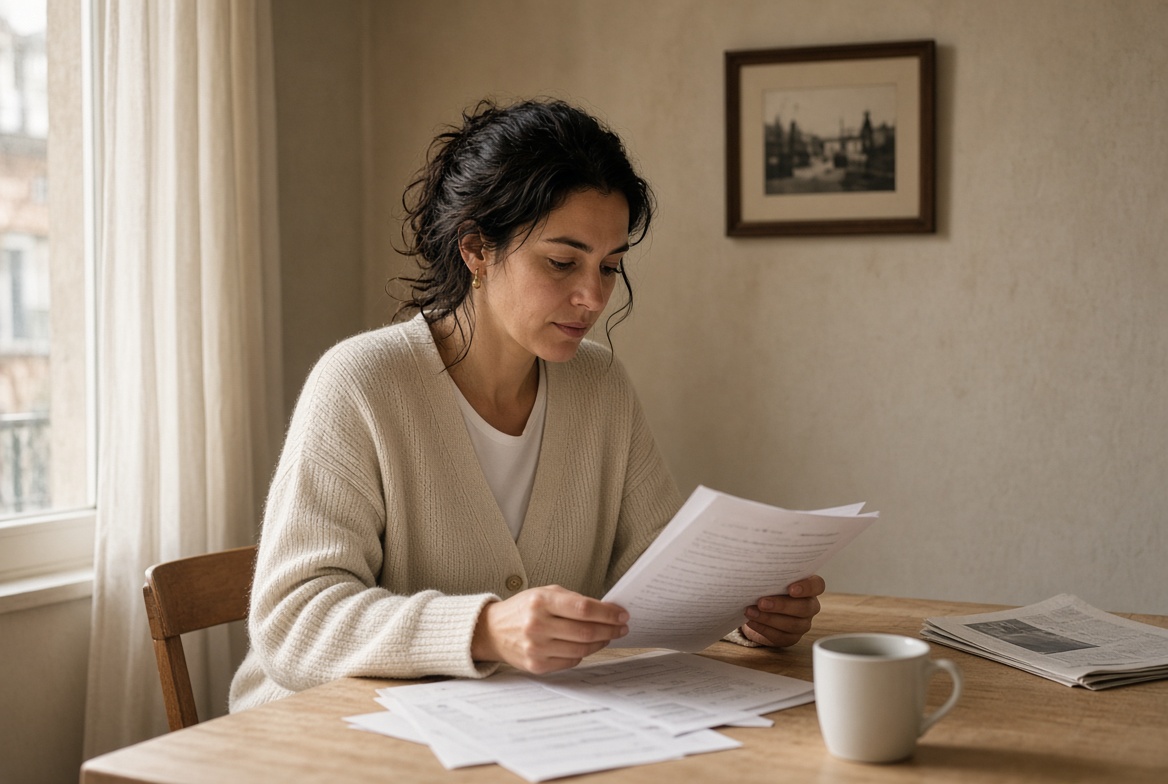 Une femme lit des documents à une table, à la lumière d'une fenêtre.